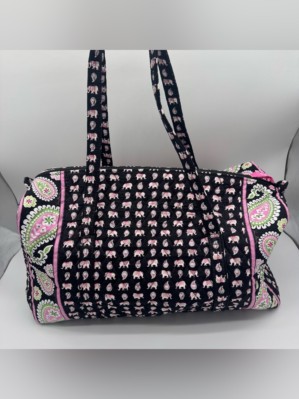 Vera Bradley Large Quilted Duffel Bag Retired Pink Elephant Black Travel Crafts
